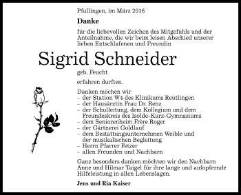 Anzeige von Sigrid Schneider von Reutlinger Generalanzeiger