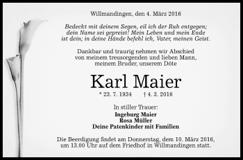 Anzeige von Karl Maier von Reutlinger Generalanzeiger