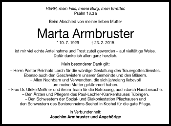 Anzeige von Maria Armbruster von Reutlinger Generalanzeiger