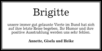 Anzeige von Brigitte  von Reutlinger Generalanzeiger