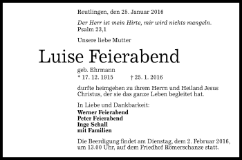 Anzeige von Luise Feierabend von Reutlinger Generalanzeiger