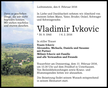 Anzeige von Vladimir Ivkovic von Reutlinger Generalanzeiger