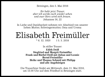 Anzeige von Elisabeth Freimüller von Reutlinger Generalanzeiger