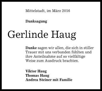 Anzeige von Gerlinde Haug von Reutlinger Generalanzeiger