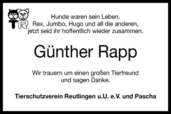 Anzeige von Günther Rapp von Reutlinger Generalanzeiger