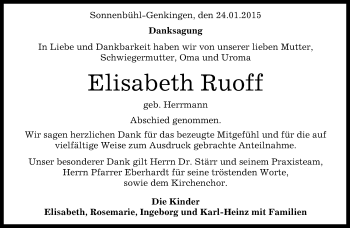 Anzeige von Elisabeth Ruoff von Reutlinger Generalanzeiger