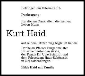 Anzeige von Kurt Haid von Reutlinger Generalanzeiger