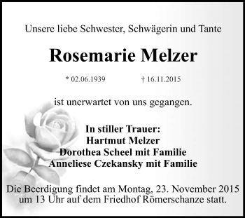 Anzeige von Rosemarie Melzer von Reutlinger Generalanzeiger