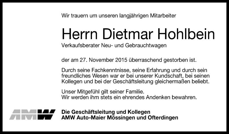  Traueranzeige für Dietmar Hohlbein vom 04.12.2015 aus Reutlinger Generalanzeiger