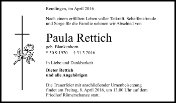 Anzeige von Paula Rettich von Reutlinger Generalanzeiger