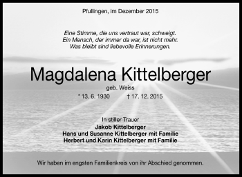 Anzeige von Magdalena Kittelberger von Reutlinger Generalanzeiger