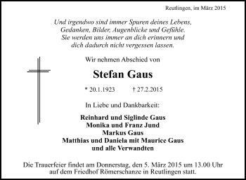 Anzeige von Stefan Gaus von Reutlinger Generalanzeiger