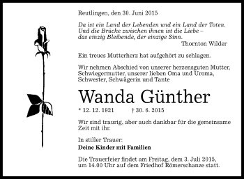 Anzeige von Wanda Günther von Reutlinger Generalanzeiger