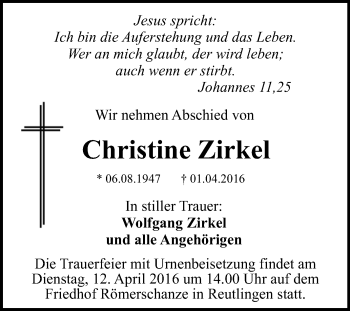 Anzeige von Christine Zirkel von Reutlinger Generalanzeiger