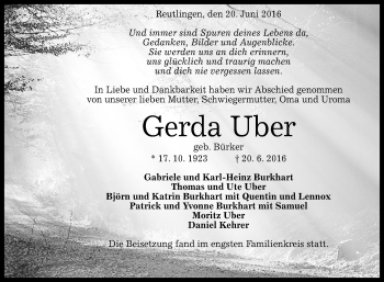 Anzeige von Gerda Uber von Reutlinger Generalanzeiger