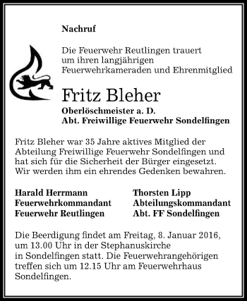 Anzeige von Fritz Bleher von Reutlinger Generalanzeiger