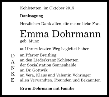 Anzeige von Emma Dohrmann von Reutlinger Generalanzeiger