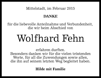 Anzeige von Wolfhard Fehn von Reutlinger Generalanzeiger