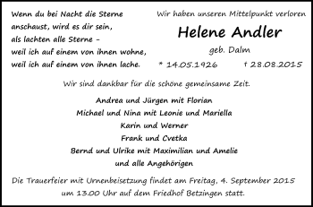 Anzeige von Helene Andler von Reutlinger Generalanzeiger