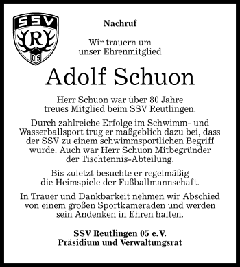 Anzeige von Adolf Schuon von Reutlinger Generalanzeiger