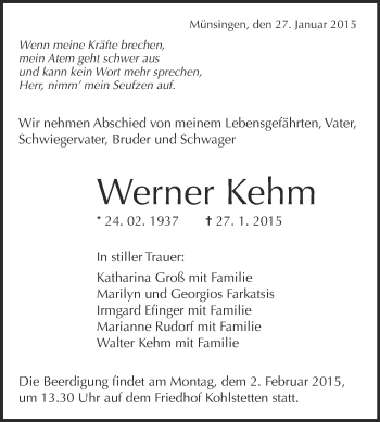Anzeige von Werner Kehm von Reutlinger Generalanzeiger