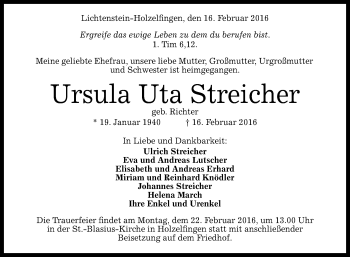 Anzeige von Ursula Uta Streicher von Reutlinger Generalanzeiger