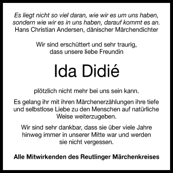 Anzeige von Ida Katharina Brunhilde Didié von Reutlinger Generalanzeiger