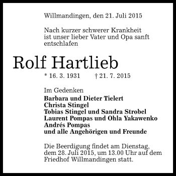Anzeige von Rolf Hartlieb von Reutlinger Generalanzeiger