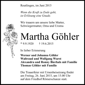 Anzeige von Marha Göhler von Reutlinger Generalanzeiger