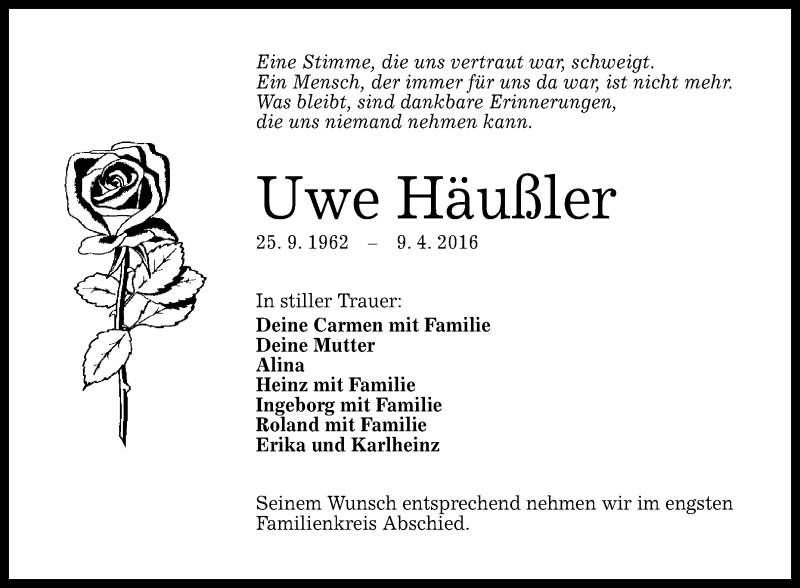 Traueranzeige für Uwe Häußler vom 21.04.2016 aus Reutlinger Generalanzeiger