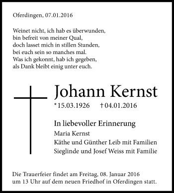 Anzeige von Johann Kernst von Reutlinger Generalanzeiger