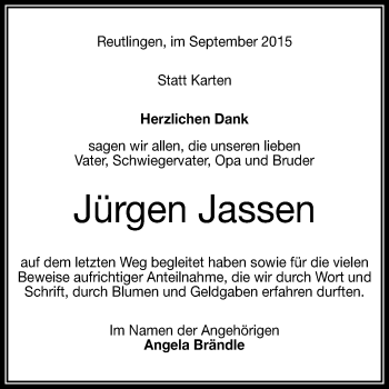 Anzeige von Jürgen Jassen von Reutlinger Generalanzeiger