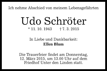 Anzeige von Udo Schröter von Reutlinger Generalanzeiger