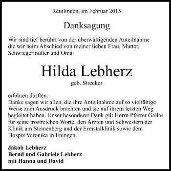 Anzeige von Hilda Lebherz von Reutlinger Generalanzeiger