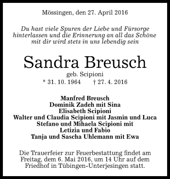 Anzeige von Sandra Breusch von Reutlinger Generalanzeiger