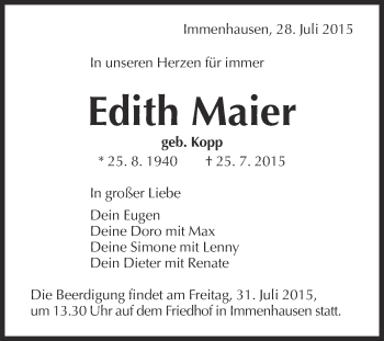 Anzeige von Edith Maier von Reutlinger Generalanzeiger