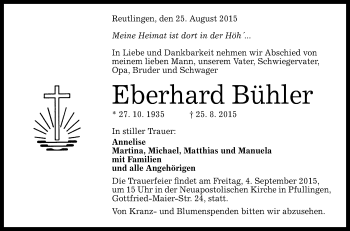 Anzeige von Eberhard Bühler von Reutlinger Generalanzeiger