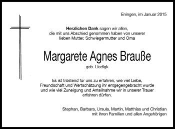 Anzeige von Margarete Agnes Brauße von Reutlinger Generalanzeiger