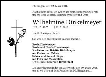 Anzeige von Wilhelmine Dinkelmeyer von Reutlinger Generalanzeiger