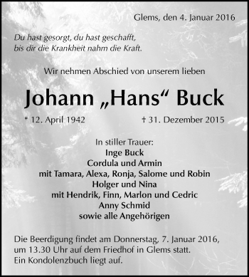 Anzeige von Johann Buck von Reutlinger Generalanzeiger