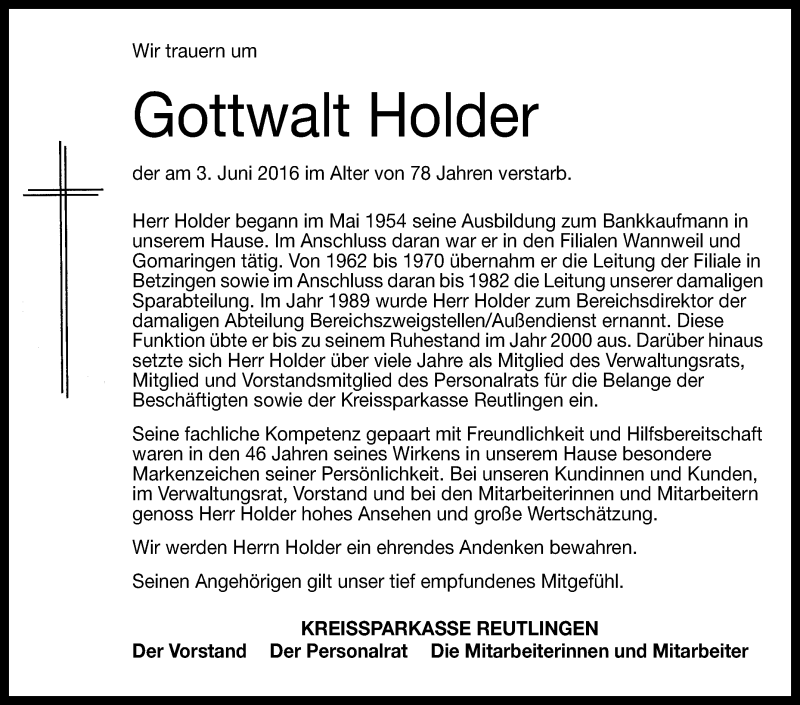  Traueranzeige für Gottwalt Holder vom 07.06.2016 aus Reutlinger Generalanzeiger