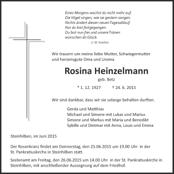 Anzeige von Rosina Heinzelmann von Reutlinger Generalanzeiger