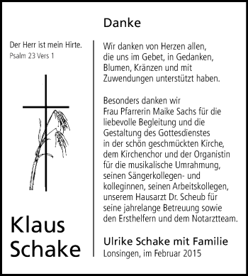 Anzeige von Klaus Schake von Reutlinger Generalanzeiger