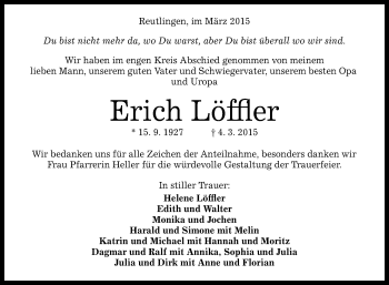 Anzeige von Erich Löffler von Reutlinger Generalanzeiger