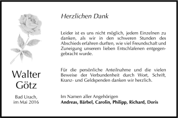 Anzeige von Walter Götz von Reutlinger Generalanzeiger