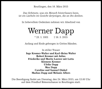 Anzeige von Werner Dapp von Reutlinger Generalanzeiger