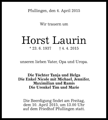 Anzeige von Horst Laurin von Reutlinger Generalanzeiger
