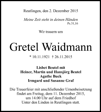 Anzeige von Gretel Waidmann von Reutlinger Generalanzeiger