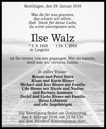 Anzeige von Ilse Walz von Reutlinger Generalanzeiger