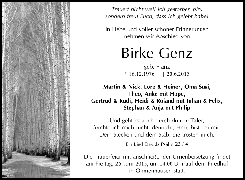  Traueranzeige für Birke Genz vom 24.06.2015 aus Reutlinger Generalanzeiger